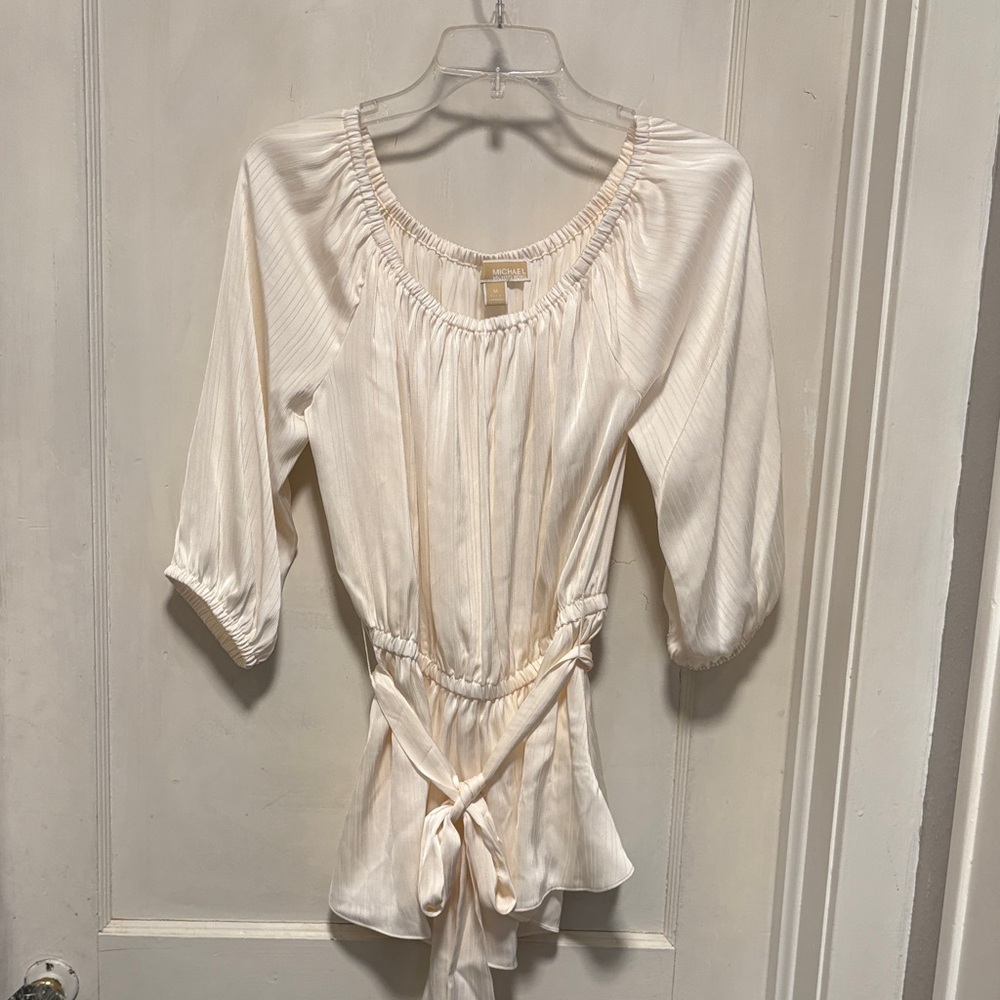 Michael Michael Kors Cream Satin Off The Shoulder Longsleeve Boho Tunic Blouse M